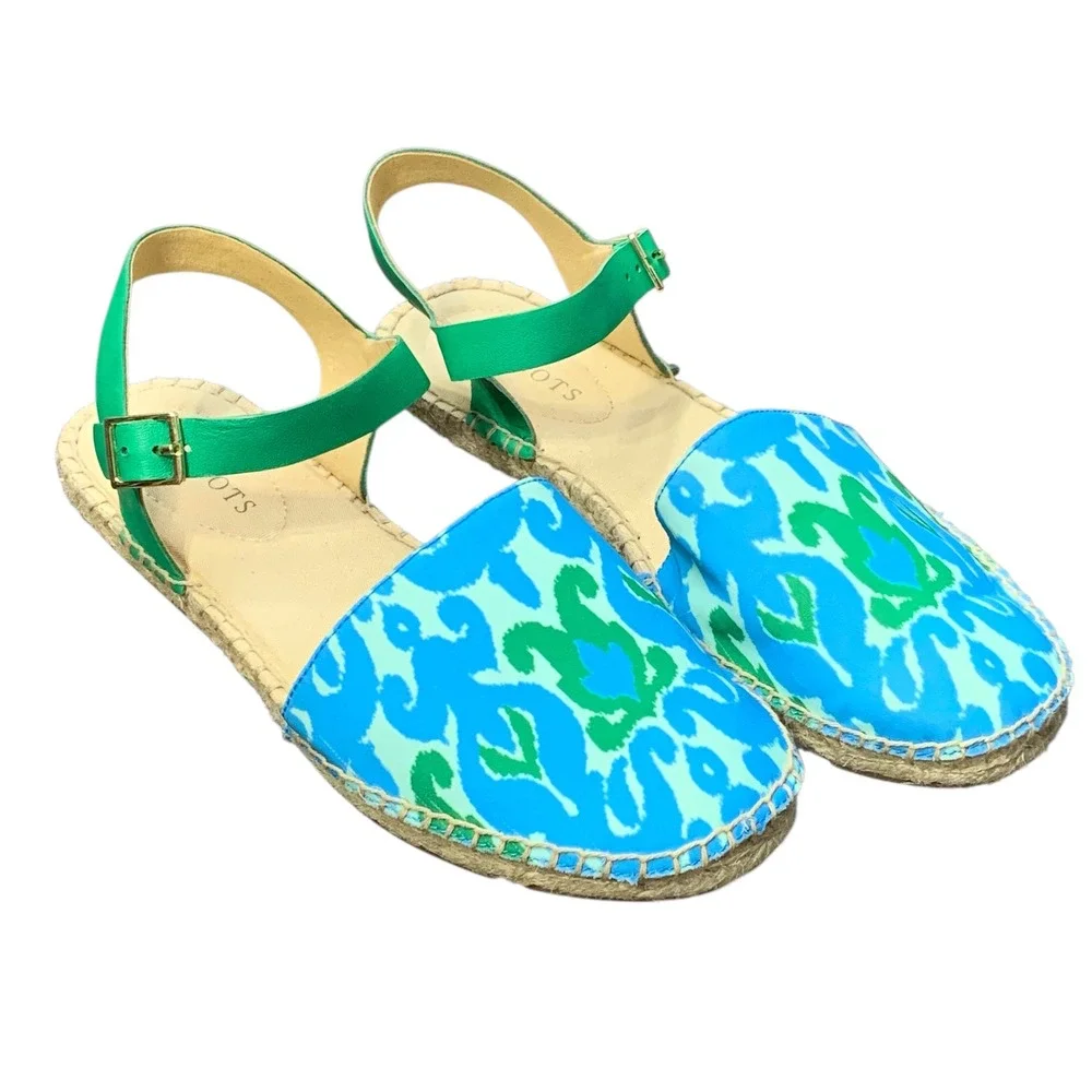Talbots Izzy IKAT Medallion Espadrille Sandals Blue Green Ankle Strap‎ Summer 8